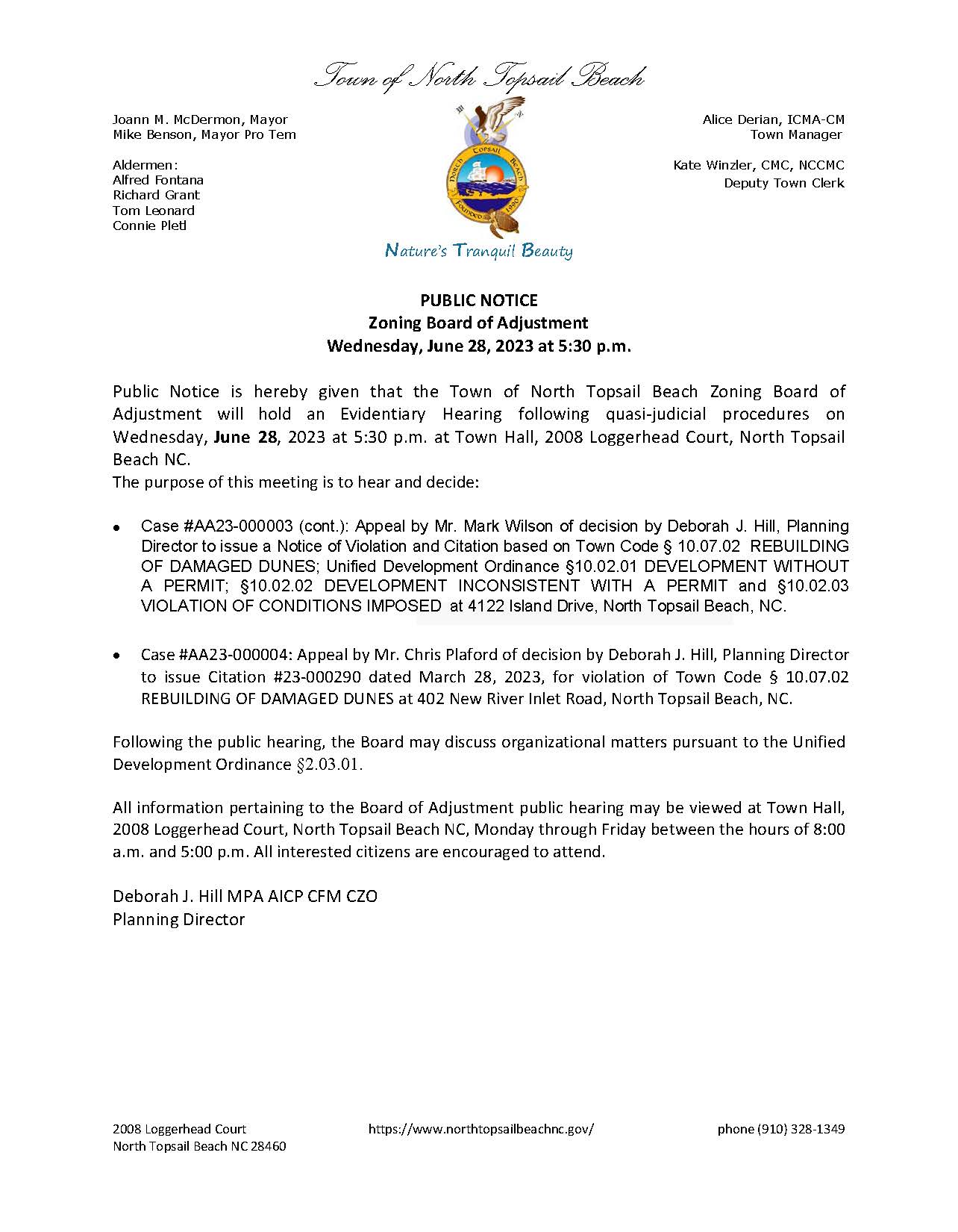 Public Notice Zoning Board Of Adjustments Meeting North Topsail